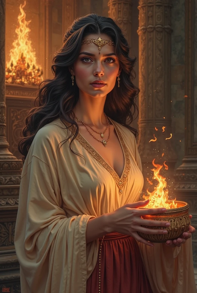 This is a realistic work of fantasy art，Highlights the flame of realism, Including a wisp of flame, Blazing embers, Subtle smoke curls, There is also a beautiful fire druid. The druids stood in a raging hell，Interesting composition. Her face is professionally sculpted, With elegant and refined features and perfect shadows and realistic skin textures. her (Orange and gold eyes) Amazing，is the focal point of this photo. (Her eyes are very delicate, Beautiful detailed eyes, and macros). Her eyes have intricate details，The iris is clear，The sclera is bright. Her soft lips are smooth，very puffy, Her skin is decorated with a touch of flushing and gorgeous fire-colored details. Her long gown is stunning and expensive, Made from pure flame and sparkling, Gorgeous jewelry shines in the firelight. Her billowing gown sparkled in the flames，The upper body is embroidered with delicate and intricate embroidery，There is a wisp of flame on it。. Including fantastical elements such as bumps, Stones, Blazing rainbow colors, Glowing embers, Silk, and an interesting background. Including fiery magical creatures，Such as fiery birds and fiery butterflies，Exudes a magical and mysterious aura. lighting: Take advantage of the latest lighting trends to enhance the beauty of your artwork. camera: Take advantage of dynamic compositions to create a sense of urgency and excitement. Take inspiration from the current masters of the fantasy genre, Including popular artists on Artstation and Midjourney. ((Masterpiece))