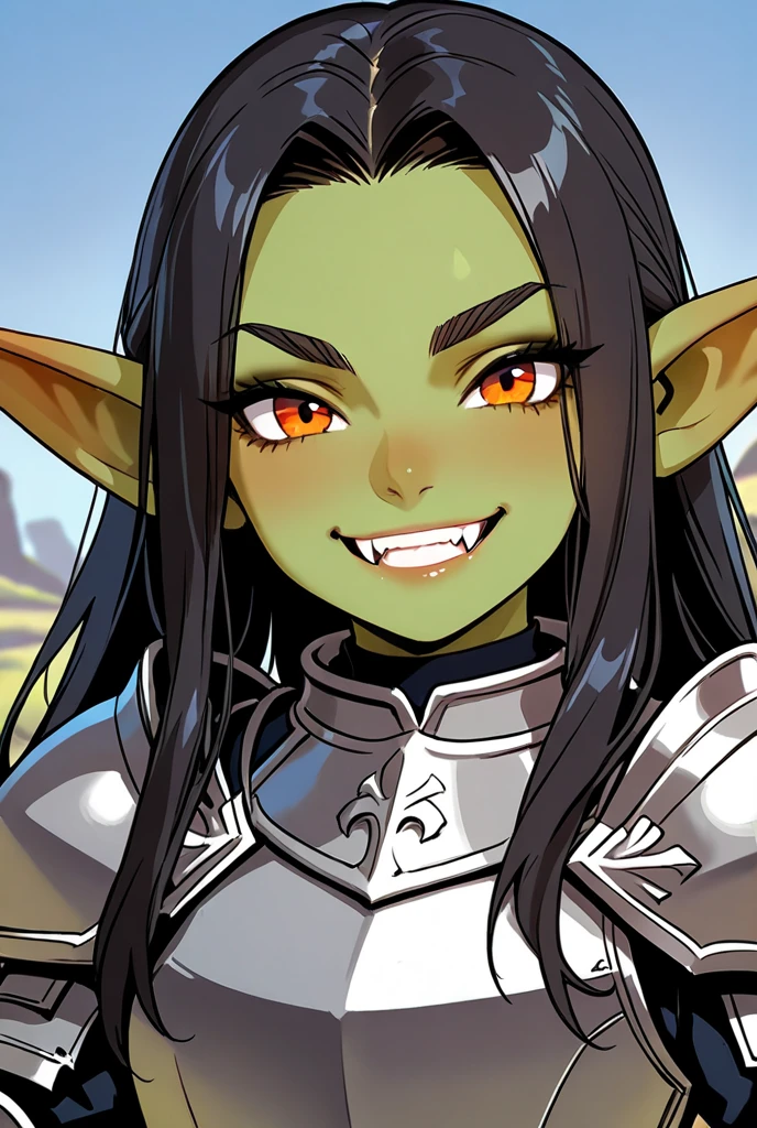 A female orc with green skin and a small chest, exhibiting a fuck face expression and a hint of horniness. She possesses cute fangs that add to her allure. The image is of the best quality, with 4k, 8k, and high-resolution options available, truly a masterpiece at a scale factor of 1.2. The orc is depicted with ultra-detailed features and a realistic appearance with a realism scale factor of 1.37. The style of the artwork is in the vein of striking portraits, capturing the vivid colors of the orc's skin and the dramatic lighting that highlights her strong facial features.