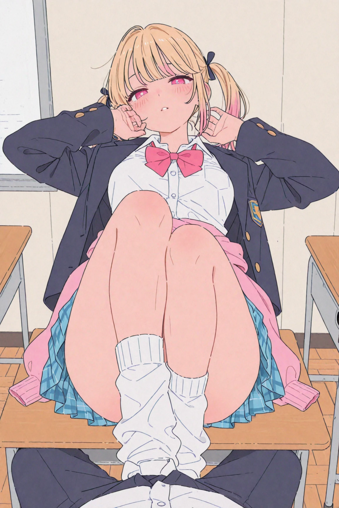 Hanazawa Kana、Plain white with highlightedTshirt、Ultramarine and white striped quatting and spreading her legs to show her underwear、When she squats down and lifts her skirt, her cute white frilly underwear is visible..、Climax from the crack and pee comes out、barefoot、library、Three girls of different heights