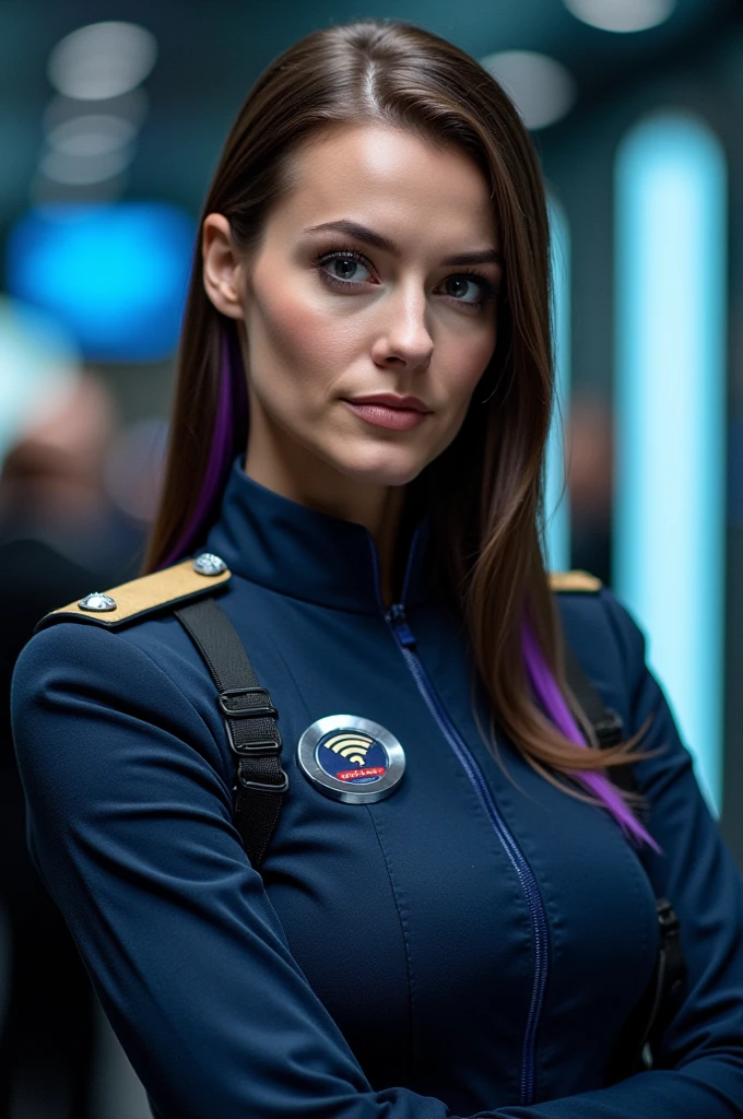 emb-haiz, updo hair, wearing enterpriseuniform, female fit, , dark blue jumpsuit, red piping on shoulders. closeup. , dark sci-fi interior.. <lora:enterpriseuniform_lora:1>