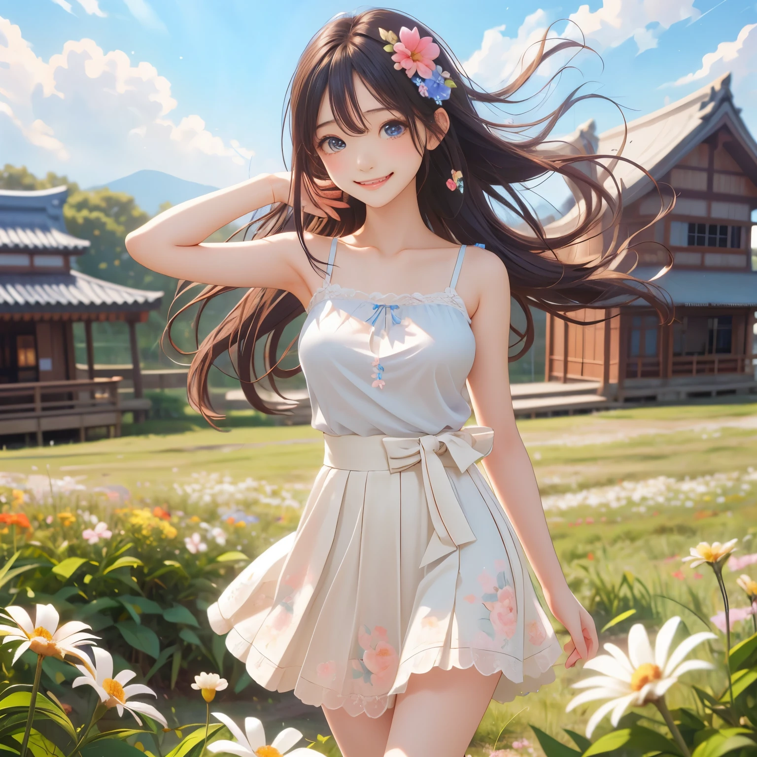 (masterpiece,best quality: 1.4),(8k,raw photo,photo realistic:1.2),shiny skin, detailed skin,detailed face,detailed eyes,Japanese idol,beautiful face, Wide meadow, blue sky, countryside scene, one beautiful girl, fair face, petite, (blond hair, twin-tail hair), ribbon, (ish face, large ), (white floral camisole dress:1.2), white sandals, (wind-driven hair and skirt:1.2), standing, (cute pose),(happy smile:1.3),