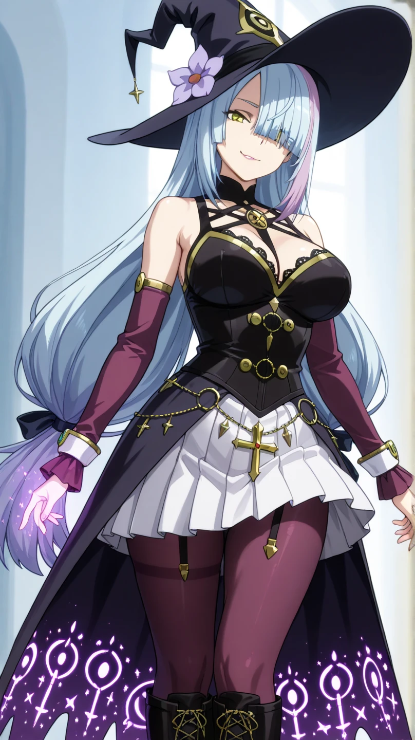 1girl, bare_shoulders, blush, breasts, cleavage, closed_eyes, collarbone, cross_earrings, dress, earrings, facing_viewer, hoop_earrings, horns, jewelry, long_hair, medium_breasts, purple_dress, silver_hair, smile, solo, standing, strapless, very_long_hair