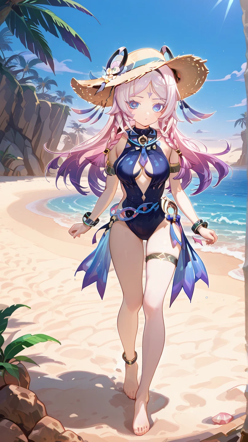Vibrant, high-definition anime-style illustration set on a tropical beach. The layout features a central female character, Narmaya, with long pink hair, partially covered by a hooded cloak adorned with brown horns. She has fair skin, large expressive blue eyes and pink pupils, and a small blue butterfly hair clip. One eye is covered by her hair. The character is wearing a revealing black bikini with gold accents, and her hands are holding the edges of her cloak. The background showcases a pristine beach with white sand, lush green foliage, and tall palm trees. The clear blue sky and turquoise ocean complete the idyllic setting, with distant islands visible on the horizon. Narmaya and her attire are meticulously detailed. The intense effort put into shading brings this image to a realistic style. Gorgeous vibrant colors draw the eye. Narmaya's suggestive stance brings the viewers focus to her large and perfectly shaped breasts.
(masterpiece), best quality, expressive eyes, perfect face, suggestive pose, purple and pink background, seductive, fantasy, 8k, absurdres, narmaya, pink hair, blue eye with pink pupil, hair over eye, draph, horns, butterfly hair clip, black bikini, hood, defined hands, perfect hands, perfect fingers,