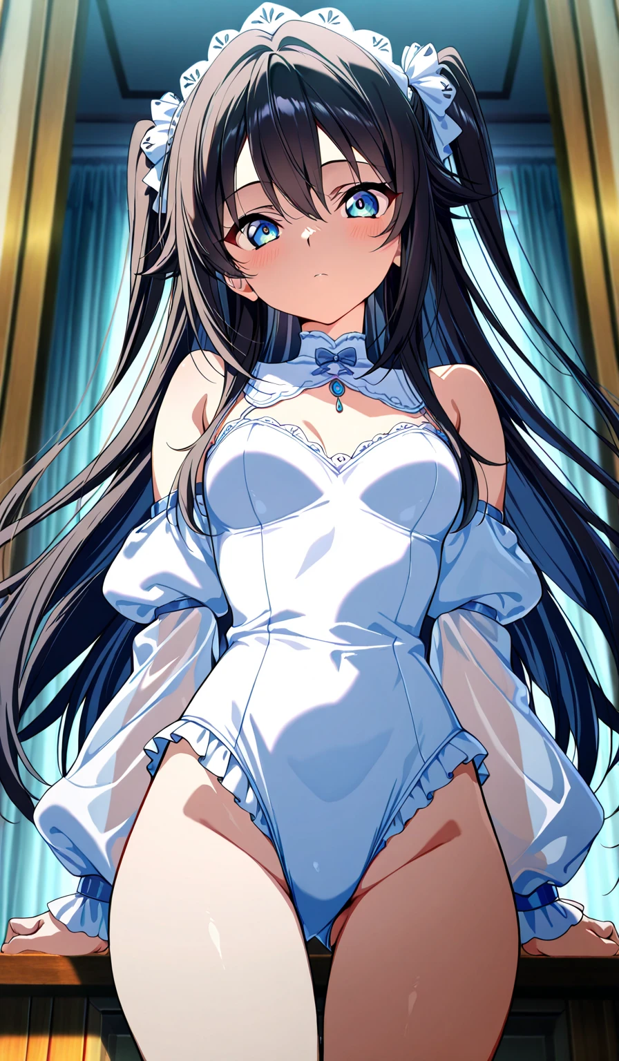 mecha wings、White and blue skirt、Accentuated thighs、White tights、chest、Beautiful black hair、1 girl、solo girl、Thick thighs、IS、Frame Arms Girl、Alice Gere Aegis、White Armor、Blue and purple lines、income、headphone、hand on own chest、smile