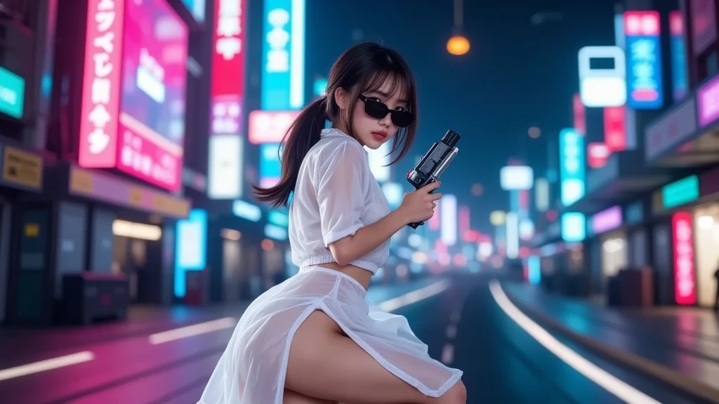 (Raw photography, 4K, ​masterpiece, hight resolution, very intricate), (Photorealsitic:1.4), Cinematic Lighting, (((((at night))))), (((1Girl, solo))), solofocus, Wet, full body Esbian,large breasts, Chest exposed, cleavage of the breast, wide open ass, pubic hair, Slim waist, eyes are brown, ((​masterpiece:1.2)), top-quality, top-quality, Official art,the Extremely Detailed CG Unity 8K Wallpapers, artbook, a picture, (Brown hair long hair), Hair disheveled, aerial view of cyberpunk city, Expressive Hues, Vibrant Palette, B deficiency and white clothes, (((matrix style black micro sunglasses))), (((aiming with a short gun))), (((looking at camera))), (((very low view))).