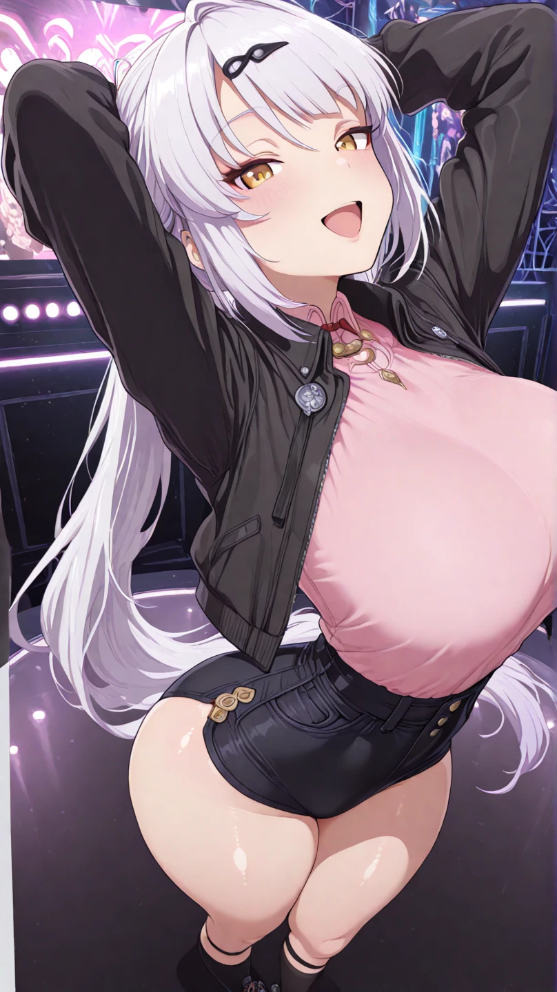 Atlas Fayon woman 40 years old, white hair with black stripes very long hair, wide, white tiger ears, Detailed sapphire blue eyes, blue eyes, happy expression, SMILE, blush, pale skin, big breasts, low-cut green tops, pantheons skinny jeans, he is dancing in a nightclub, background a disco. sweaty body. perfect hands.