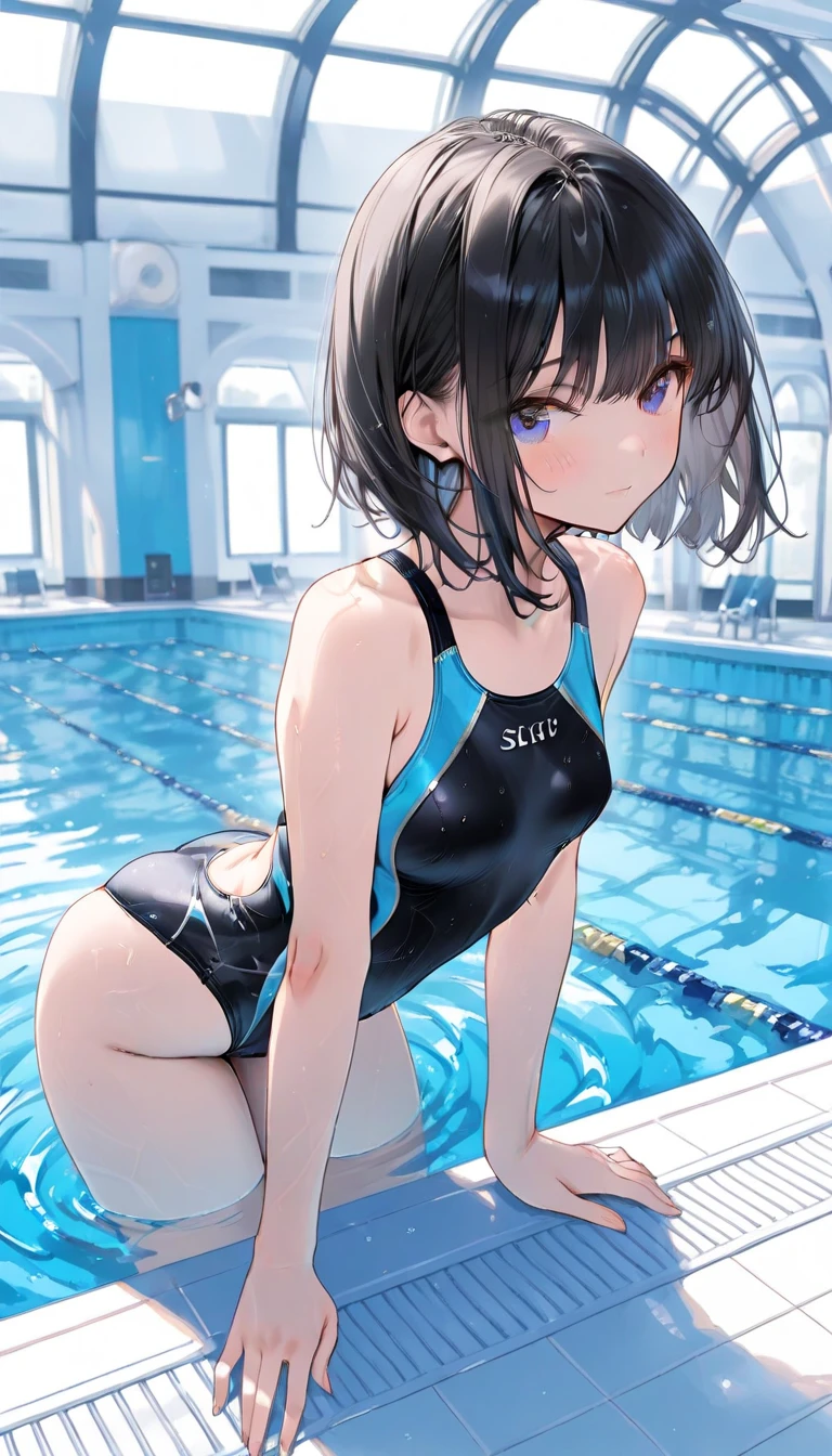 Super high quality by the art god, super detailed, High resolution, AI generated, anime moe art style, best anime 8K konachan wallpaper, pixiv contest winner, perfect anatomy, break,1 girl, (alone,lolita, , :1.3),All limbs,full finger, Slender beauty, (very short hair), wet and messy hair, flat chest, small ass,small eyes,beautiful and fine eyes,expressive eyes,between legs,blue school swimsuit, She stands by the pool,(detailed lighting), (detailed background), (school pool),break,super dense skin, Best lighting by famous artists, 8K, figure,UHD, rough skin