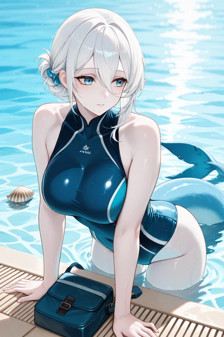 underwater, 1 girl closeup, mermaid, silver hair, red eyes, bob cut, concept art, beautiful anime scene, top rated on pixiv