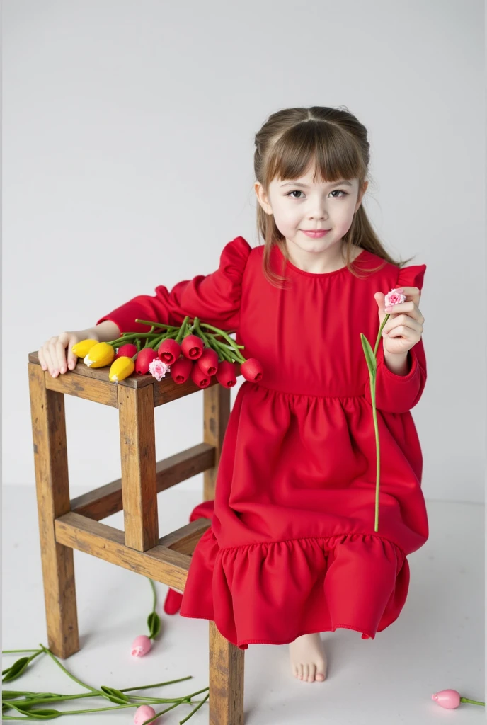 9 year old girl, blonde hair, wearing a red lace cute dress, in a living room, side view
