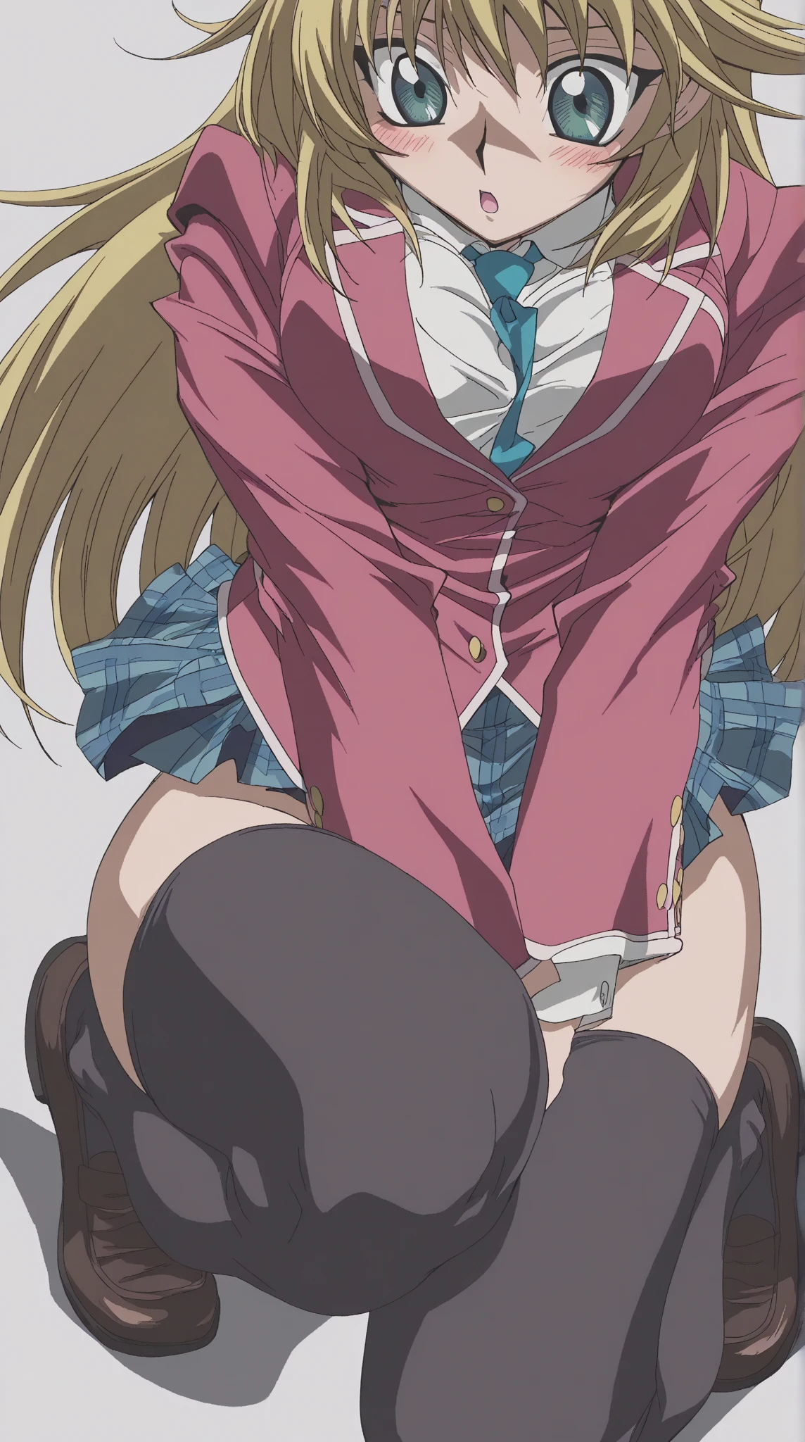 1,girl, MakaAlbarn , plaid skirt, striped necktie, twintails, gloves, sweater vest, light brown hair, serious, crossed arms, upskirt focus view, blue striped panties, wet panties, panties close focus, under view, skirt lift, wet legs, front view