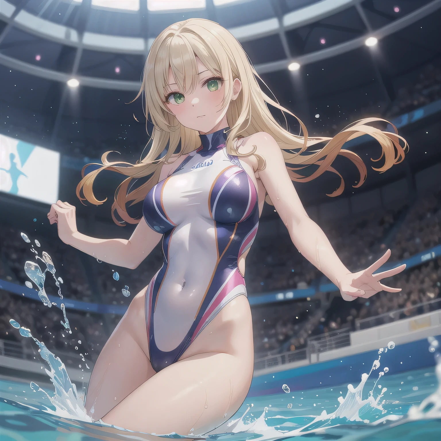 1girll,Masterpiece,illustration,(Best quality:1.4),Beautiful detailed eyes ,Very long hair,crossed bangs,Blonde hair,Shiny hair ,aquamarine Eyes ,Smile ,(Large breasts:0.7) ,high-leg swimsuit,compete swimsuit,Moist,Sweat ,Swimming ,From the front side ,In the pool,Night,Starry sky,Neon light