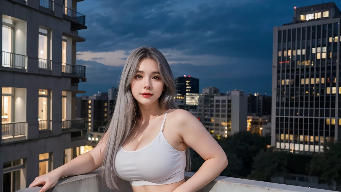 official art, masterpiece, sharp focus, (beautiful gorgeous cute Korean woman:1.3), (beautiful cute korean:1.3), korean beauty, Delicate and beautiful hair and eyes and face, realistic, ultra detailed, beautiful girl, blue sky, glow white particle, (sidelighting:1.2), sun light, white cloud, detailed clouds, slender, Lovely very large breasts and very large hips, smile with teeth, ((smile with eyes, open both eyes)), scenery, long straight hair, sexy facial expression, building, (cityscape:1.7), dynamic hair, long straight hair, detailed platinum pink hair, glow blue eyes, (red lingerie + open white skirt), white long socks, pale skin, hair ornament, epic scenery,