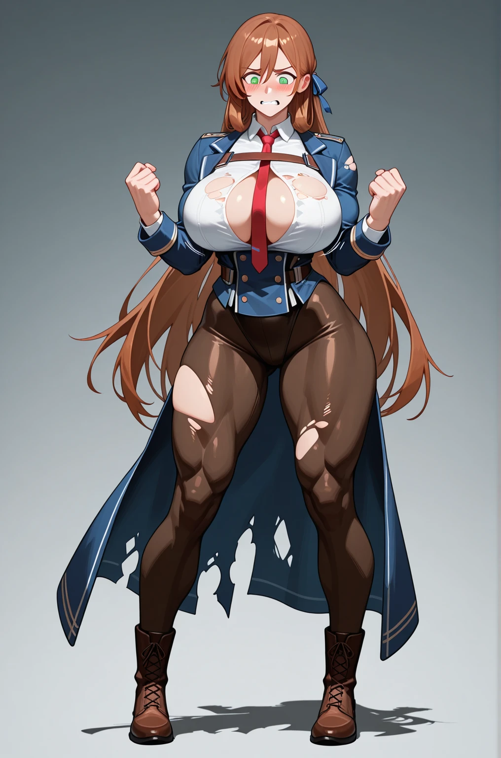 (((Plain background 1:2))) (masterpiece, high quality: 1.1) 1girl full body standing, hairstyle with a braid, white colored hair, yellow eyes, perfect lighting, muscular, thighs, mature woman, mummy, bellybutton, abs, looks at the viewer smile RED CHEEKS, extremely huge breasts, maternal, porcelain skin, extra very long hair, sparkly skin, good face, chest cover, HANDS ON HIPS