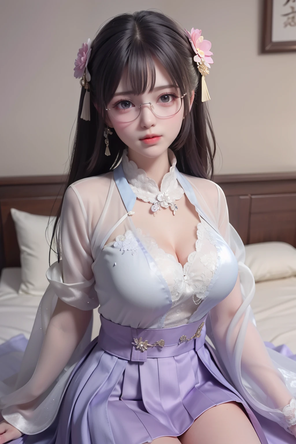 15-year-old girl with a pure face, big breasts, super big breasts, obesity, fair skin, erotic pajamas, transparent gauze, lace lace, glasses, milk running from the corners of her mouth