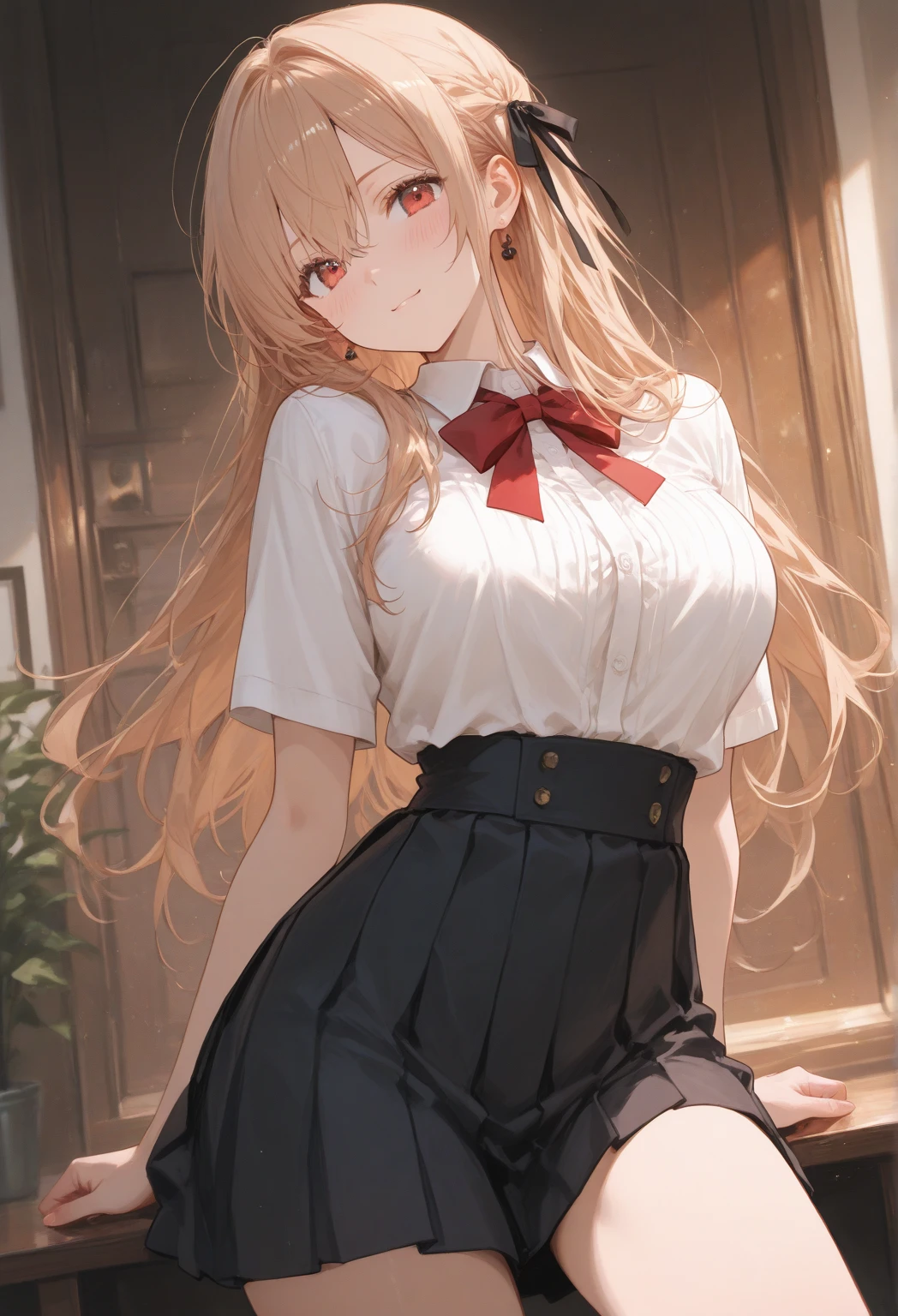 (1 girl), (One lady)、( masterpiece)、(best qualtiy)、(ultra-detailliert)、(a high chroma)、(CG Illustration)、((full-shot))、15 year old beautiful schoolgirl、Delicate beautiful face、(red blush)、((Longhaire))、(Blonde hair)、(dishevled hair)、(Anime-style eyes:1.3)、((White shirt school uniform))、See-through clothes:1.3、((Thick black tights))、(Translucent panties)、(Dark red pleated skirt)、((no-bra))、((boob window)), ((see able boobs)), (teat cup breasts、((turned around))、The best lighting、shore, anime girl in a red bra top and panties on a bed, seductive anime girl, fine details. girls frontline, small curvy loli, teasing smile, loli in dress, beautiful alluring anime , attractive anime girl, smooth anime cg art, ecchi, cute anime girl, anime best girl, from girls frontline, pretty anime girl, beautiful anime girl, smile, closed mouth, Red eyes, stars in the eyes, correct anatomy, correct hands, correct fingers, correct legs, correct digits, ((boob window)), ((open shirt)), ((see able boobs)), ((no bra))