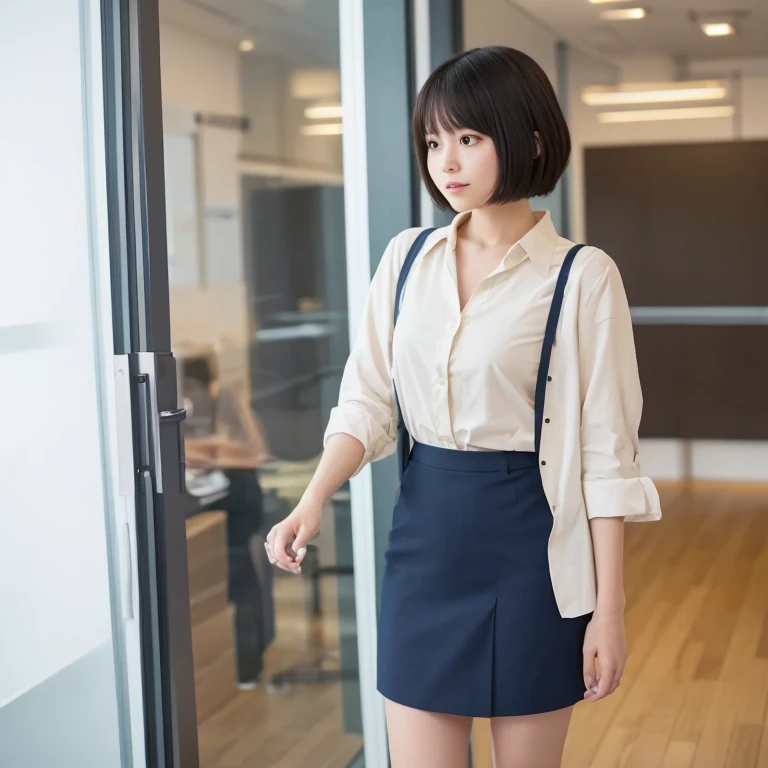 muste piece, Top quality, 8K, 15 years old, japanese girl, slender, Raw photo, absurd, award-winning portraits, (detailed face, shy smile), solo, Transparent white T-shirt made of very thin material、 sailor uniform, short sleeve, idol face, super mini skirt, Black pantyhose, slim legs, shoes, whole body shot from the bottom of the stairs, whole body shot from a Low - Angle, detailed face), refreshing shy smile, slender girl, Golden short-cut hair, dark eyes, whole body, digital single lens reflex, look at the viewer, Frank, sophisticated, like々New, perfect whole body balance, (Low - Angle), professional lighting, (Eye and face details: 1.0), (It's blurry: 1.1)