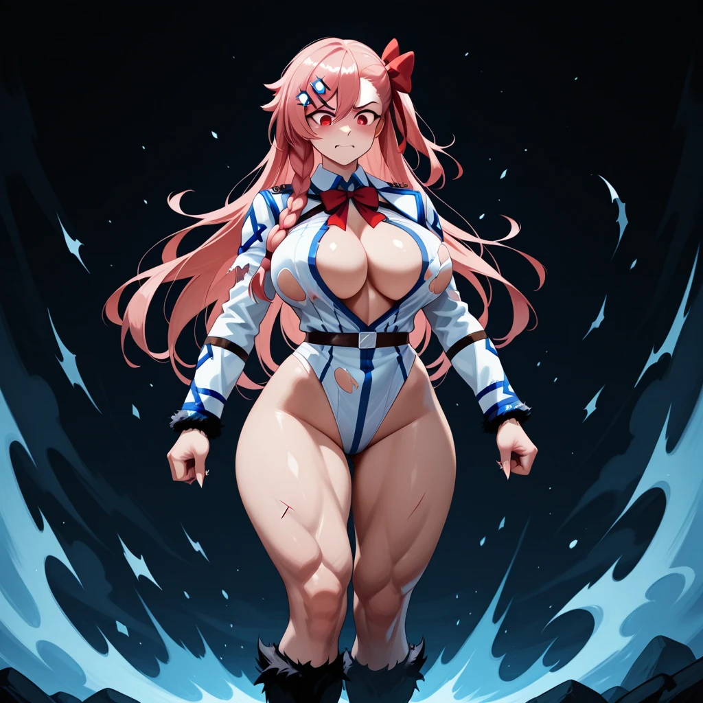 ultra-detailed, Explicit, Beautiful body, Beautiful Nose, Beautiful character design, perfect eyes, perfect face, ultra highres, 4K, beautiful legs, perfect legs, Nice hands, Perfect hand, Masterpiece, Best Quality, Highly detailed, illustration, absurdres, perfect anatomy, street fighter, doll suit, shadaloo doll, dollsuit, expressionless, blank eyes, looking at viewer, red gloves, emotionless, black latex, corrution, mind control, female combatant, full body, hypnotized, unhappy trance, full body suit, ribbed bodysuit, both arms at side, obey, perfect female body, extremely glossy latex, hypnosis, hypnoLora, empty eyes, Mind control device, poses, submissive_pose, Slave, hat, necktie, stand up straight, standing, standing at attention, hat, necktie, belt, latex, ribbed bodysuit, thighhighs, garter belt, Fighting Stance, extending the right arm from the shoulder into the air with a straightened hand, military, thigh boots, 1girl, Solo, Rishe Weitzner, 7th Time Loop, long_hair, breasts, bangs, blue_eyes, large_breasts, hair_ornament, pink_hair, flower, hairband, hair_flower, aqua_eyes