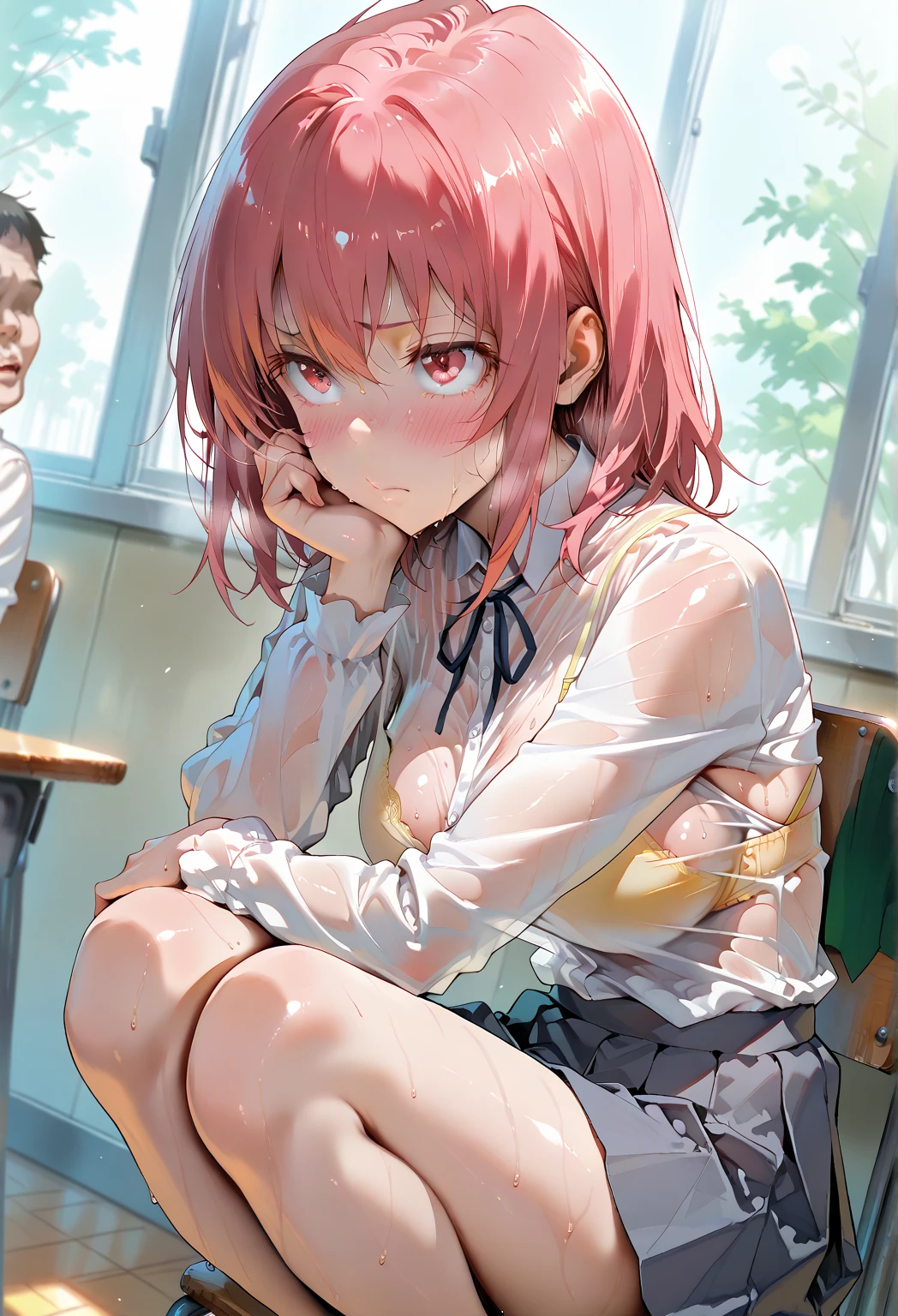 one long hair、girl in a 、、huge 、Chest is open、look away、I sit,spread my crotch、I'm embarrassed、blush、cry、close your mouth、classroom(A girl is)frown,frown,blush,blush,Very desperate,The squirt flows from the skirt to the ground,Urine on the legs,trembling all over,(girl in a撒尿自己:0.4)Urine comes out,The belly is very pregnant