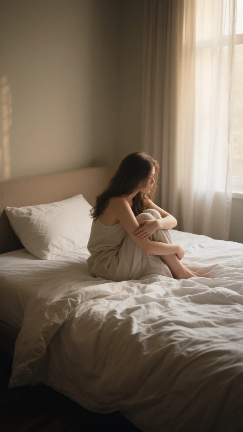 silhouette of woman, wearing pink pajama, sitting on the bed, facing at the window with light coming from the sunlight, the bedroom is small but organized