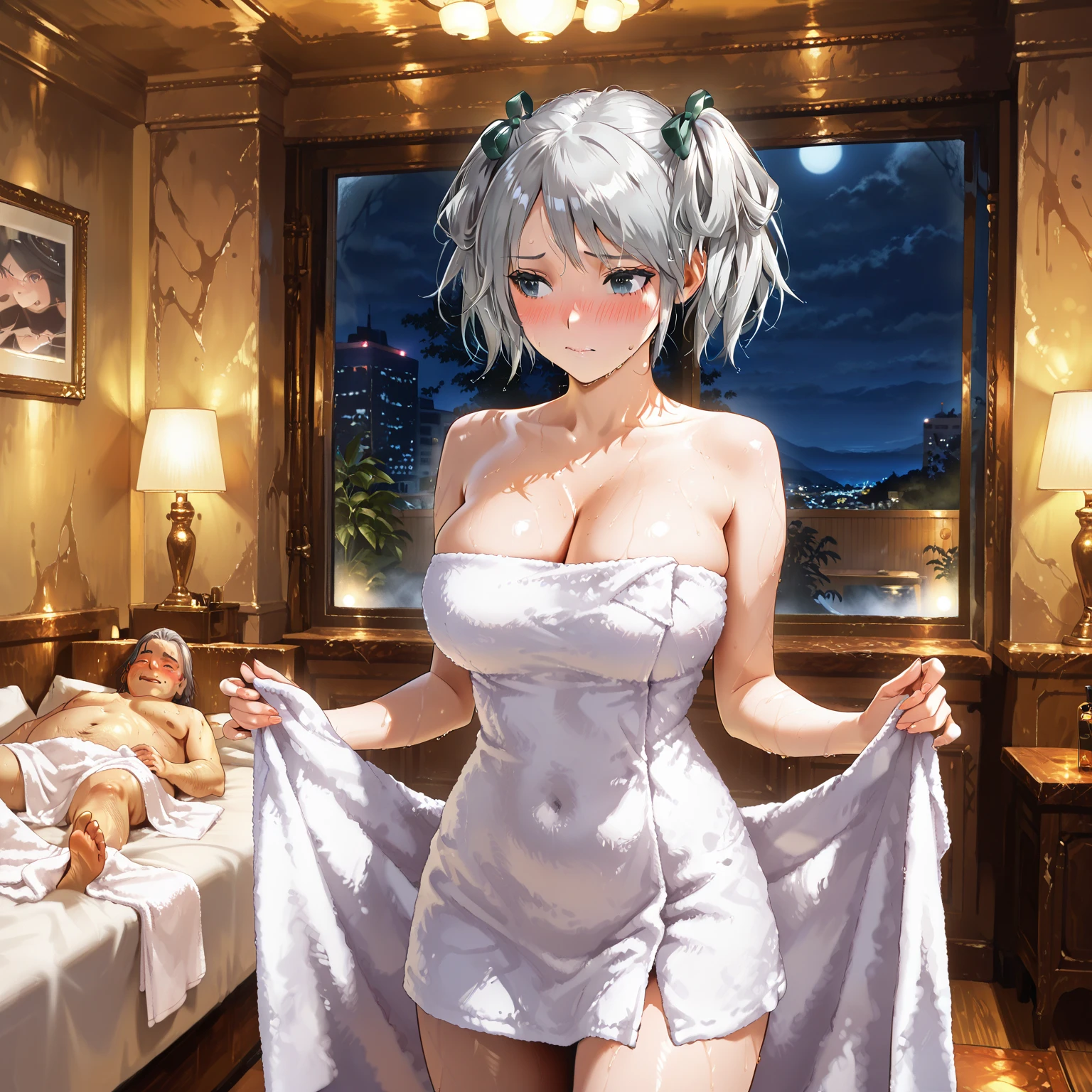 1 girl, game CG, bathrobe, gigantic breasts, silver hair, short hair, french braid, yellow eyes, hotel, night, wine, sitting in chair, table, blush,