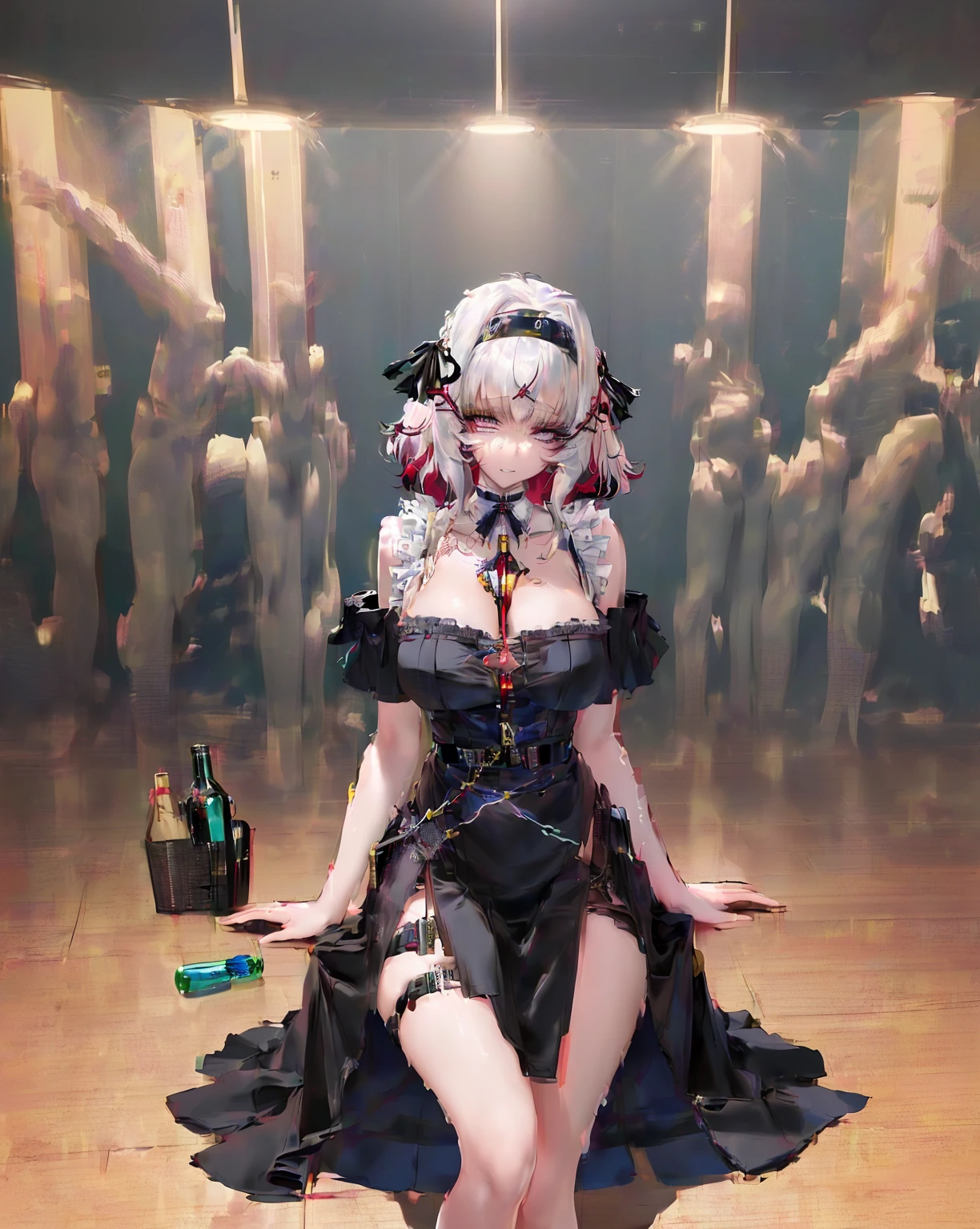 1female, (((stripper_girl, squatting in front of stripper pole))), 24yo, (white wedding dress, short, open stomach, wedding veil, wedding bjd,), lace white lingerie, platinum blonde woman, (elf ears), sweating, large breasts, prominent , beautiful face, detailed eyes, earrings, bellybutton piercing, body chains, rings, (masterpiece), (Very detailed CG unity 8K wallpaper), best quality, detailed background, (strip_club_venue:1.6, stripper pole in foreground, female poledancing in the background, moody background, dark background, UndergroundClub, crowds watching)