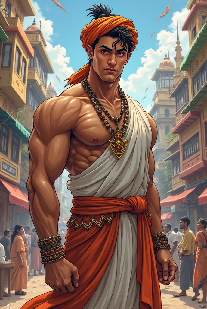 A 20 year old  boy with body of ramayan time whose color midium with 180 feet hight who is belongs to Hindu shree krishn family with black pant he have silky mid size hair in a town that environment according to hi