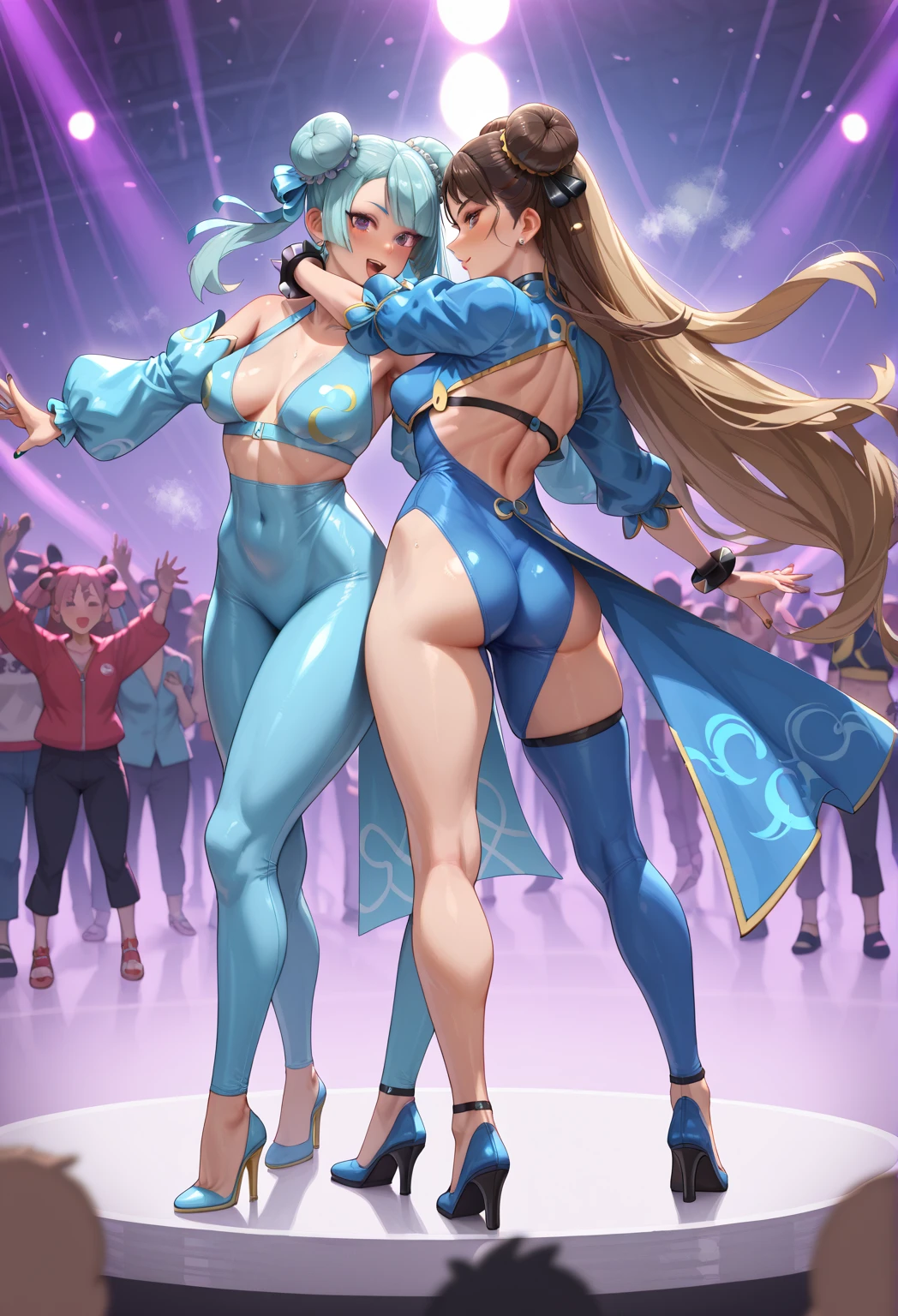 ultra-detailed, Explicit, Beautiful body, Beautiful Nose, Beautiful character design, perfect eyes, perfect face, ultra highres, 4K, beautiful legs, perfect legs, Nice hands, Perfect hand, Masterpiece, Best Quality, Highly detailed, illustration, absurdres, street fighter, doll suit, shadaloo doll, dollsuit, expressionless, blank eyes, looking at viewer, red gloves, emotionless, black latex, corrution, mind control, female combatant, full body, hypnotized, unhappy trance, full body suit, ribbed bodysuit, both arms at side, obey, perfect female body, extremely glossy latex, hypnosis, hypnoLora, empty eyes, Mind control device, poses, submissive_pose, Slave, hat, necktie, stand up straight, standing, standing at attention, hat, necktie, belt, latex, ribbed bodysuit, thighhighs, garter belt, Fighting Stance, extending the right arm from the shoulder into the air with a straightened hand, nazi saluting, military, military saluting, salute, thigh boots, 1girl, Hadou Nejire, Boku no Hero Academia, blue hair, blue eyes, long hair, horn