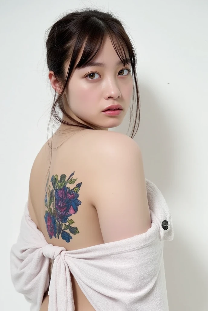 Georgeous, Beautiful, Cutes, Baby Face, 20 Years Old, White Skin, Sleeveless, Cleavage, Large Breast, Large Chests, ((Pink-Blue Pastel Coloured)) Off Shoulder Japanese Kimono, Lace Kimono, Embroidery Kimono, Muscles, Athletic, Girly, Japanese Vintage Background, Twintails, Hair with Bangs, Open Mouth, Masterpiece, Adorable, Beautiful Large Eye, Dramatic Vintage Lighting, (Yakuza Tattoo), ((Tattooed:1.1)), HDR, Fish Gape Selfie