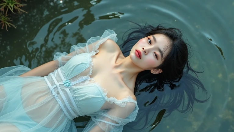 best qualityer, ultra high resolution, Realistic fashion photography in the dark swamps of a young beautiful Uzbek woman dancing among floating leaves, soaked and submerged in water, wearing transparent nightgown, hair on the wind, Exposure to sunlight, dynamic shadow on the face, cinematic lighting, proportional composition, perfect face and eyes, motion blur effect, cinematic aesthetic photography inspired by Annie Leibovitz