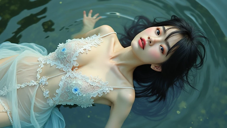 A beautiful Japanese girl is shown underwater surrounded by bubbles.。She floats near the surface、Face and body half submerged in water。High transparency of water、The light refracts in the water and creates beautiful patterns on her skin.。

Her hair is wet and、It spreads softly around the face。Air bubbles float on the hair and water surface.、It creates a very fantastic atmosphere.。Her eyes are big、She has a calm expression as if she is looking into the distance.。The light reflected in your eyes、It brings life to her eyes。

Her skin is smooth and has a healthy glow.、The light reflects off the water, creating a fantastic glow.。Her lips are pale pink、Gives a natural beauty。She is wearing a white lace bustier、The delicate design perfectly matches her soft personality.。

The blue of the water in the background and the bubbles blend in well.、Creates a beautiful color contrast。Bubbles and air bubbles in the water、The way she is surrounded by colours is very beautiful.。The effects of light and shadow created by the reflection and refraction of light、It gives movement and depth to this image.。

as a whole、This image is美少女の幻想的で夢のような美しさを見事に捉えています。Her soft expression and bubbles、Underwater light and shadow become one、It creates a very charming and poetic scene.。This image is、This piece gives the viewer a sense of serenity and beauty.。