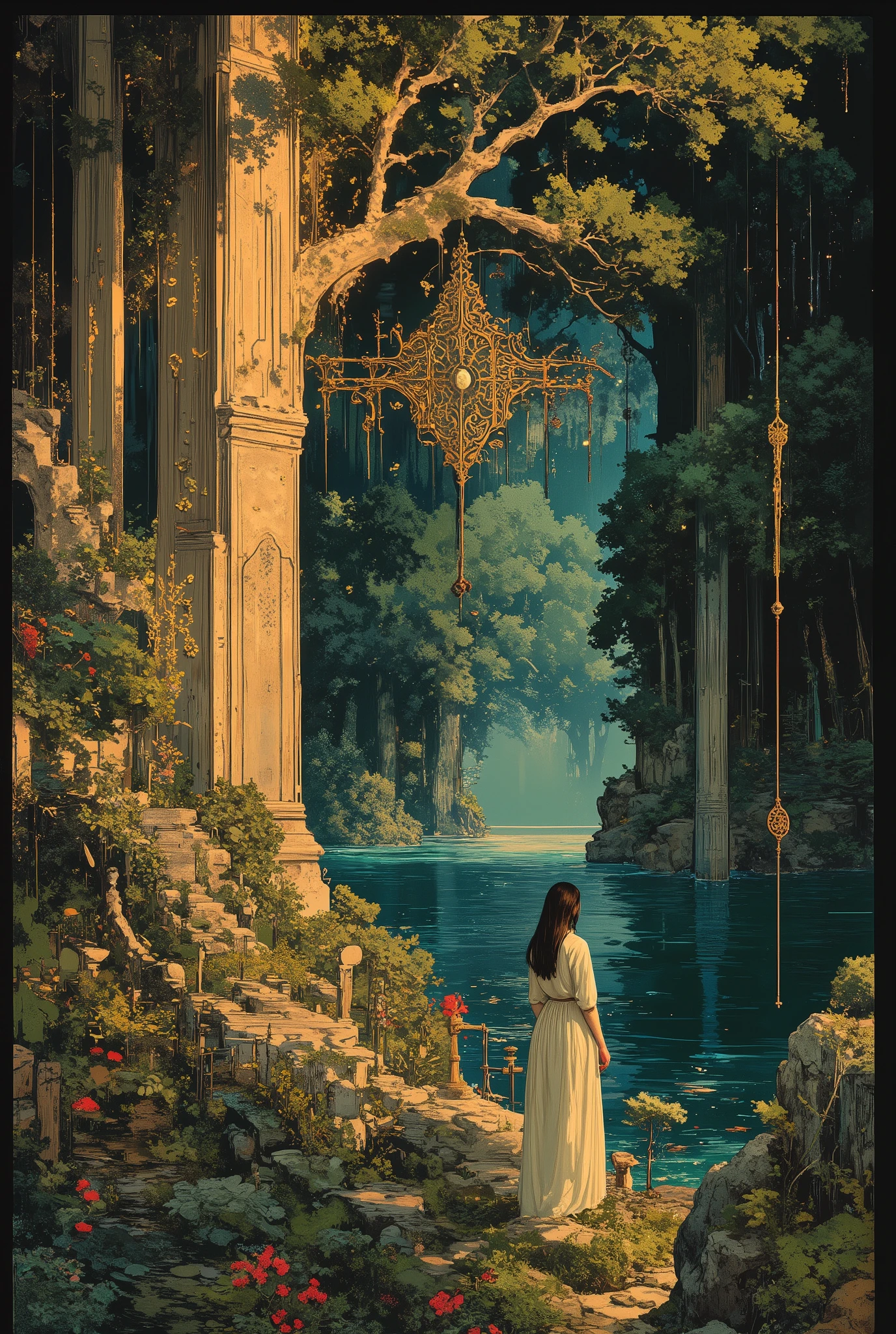 Summer tree design using art deco musha, plants, 1girl、Daytime, lake