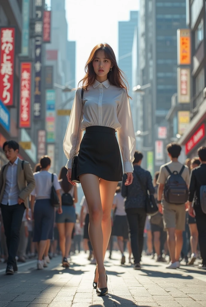 nikon RAW photo,8 k,Fujifilm XT3,photorealistic,realistic, solo, photorealistic, best quality, ultra high res, (skin spots:0.1) sexy expression, standing against full of people showcase, sexy av idol suits, short, brallete, microskirt letting us see her cheecks and cameltoe from behikd, masterpiece, best quality, extremely detailed face, perfect lighting, solo,1girl, sexy sight best quality, ultra high res, photorealistic, ultra detailed, masterpiece, best quality, iu1, tiny butt, lee ji-eun