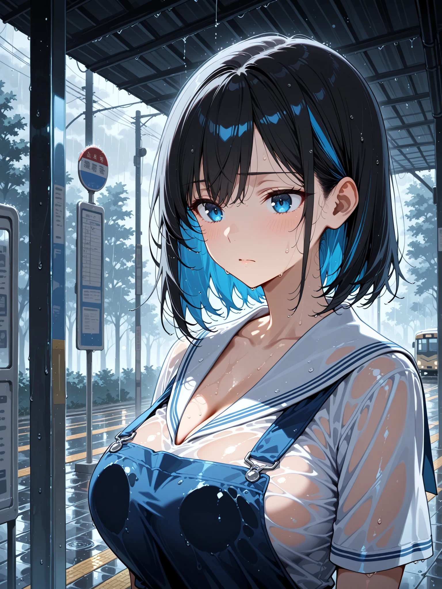 masterpiece, score_8_up, beautiful girl game style, soft shading,
vertical composition, upper body shot of a 20-year-old Japanese woman with a worried and slightly melancholic expression, delicate Japanese features, her gaze filled with contemplation.
BREAK
Long, straight black hair, appearing slightly damp from the humidity, with some strands clinging to her porcelain-smooth skin. Her eyes are a luminous hazel, large and expressive, reflecting the dreary scenery with beautiful detailed and complex reflections of rain-streaked glass. She has large breasts with her prominent cleavage accentuated by the wet fabric of her uniform.
BREAK
Wearing a classic white and blue sailor uniform (serafuku). The fabric has a subtle, realistic texture and appears slightly translucent from the rain, clinging to her form. The scene is set at an old-fashioned bus stop at dusk, with rain lashing against the glass shelter. Intricate water droplet patterns cover the glass, distorting the view of the streetlights beyond and creating beautiful bokeh effects. The overall atmosphere is moody and cinematic, with soft, diffused lighting.