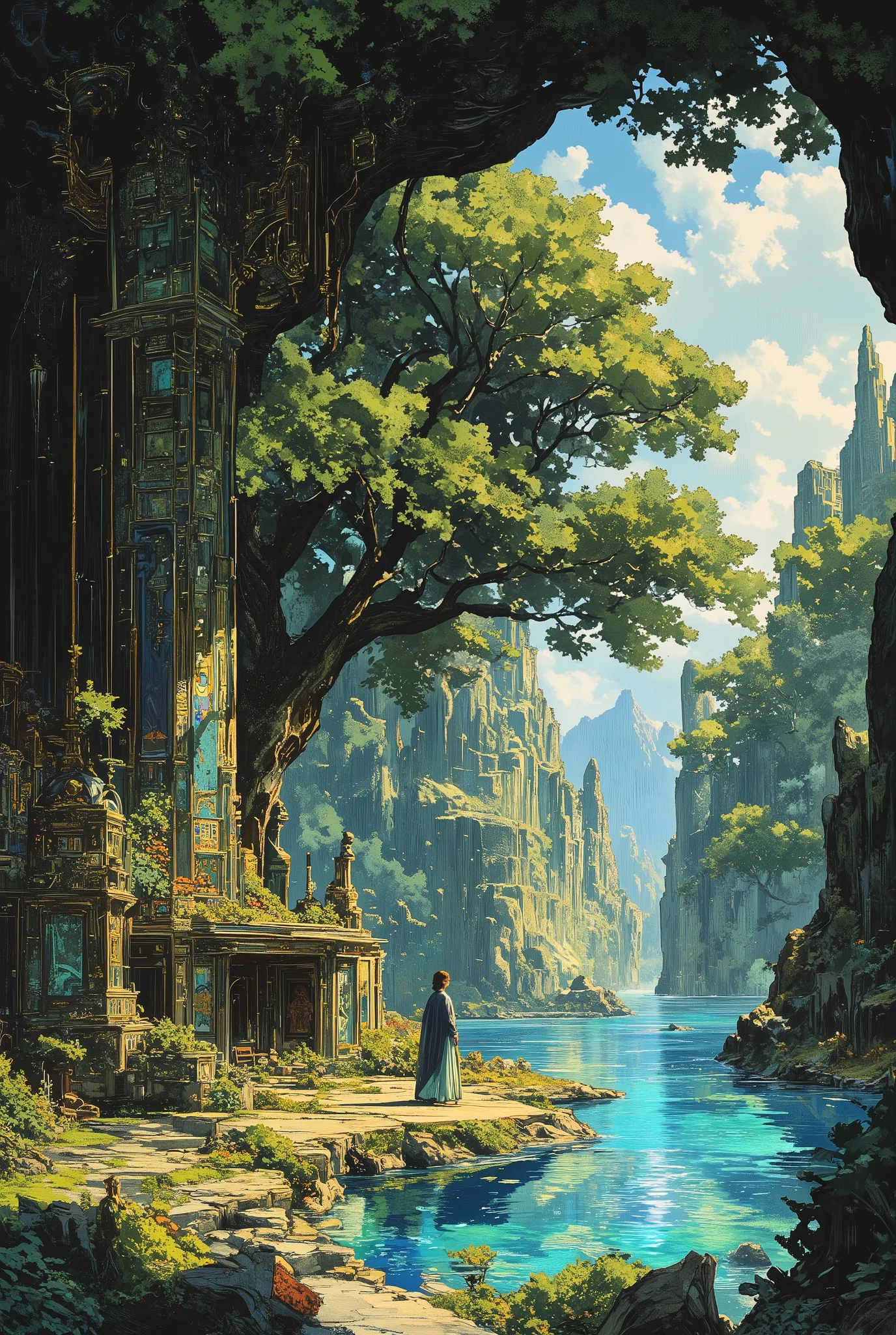 Summer tree design using art deco musha, plants, 1girl、Daytime, lake