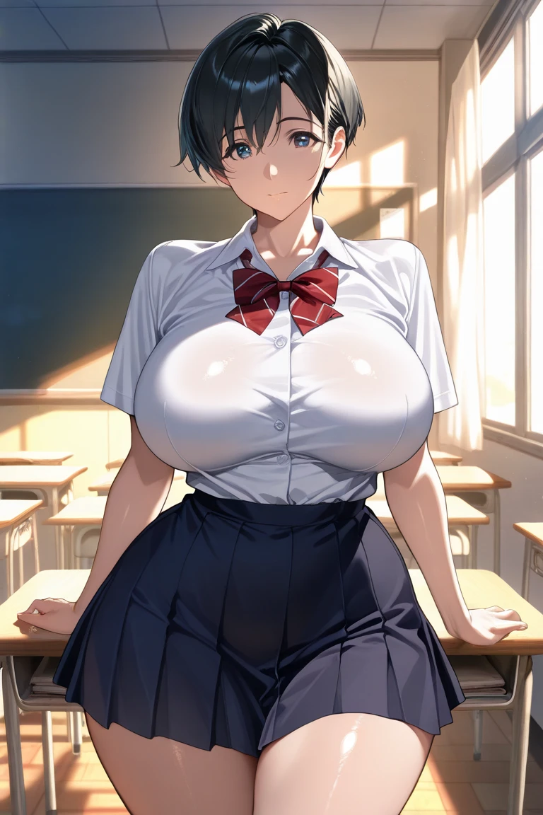 Ultra-high resolution、Ultra HD、8k,Realistic、tomboy、Boyish Girl、Big Breasts、tsurime,White blouse、White dress shirt、Large Breasts、blue-hair、very-short-hair,green-eyes,Black mini skirt、black-pantyhose,angry