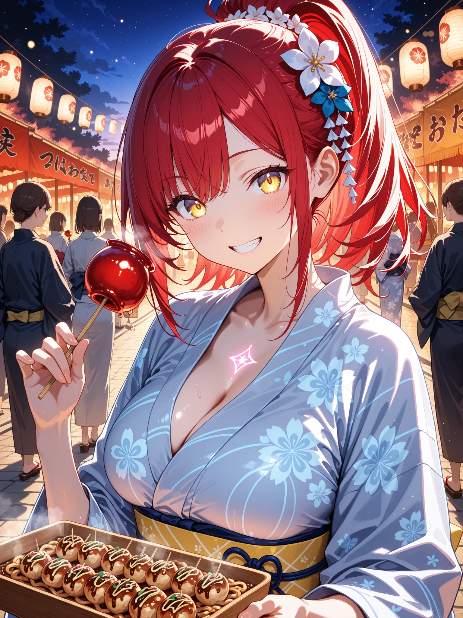 masterpiece, score_8_up, best quality, detailed illustration
BREAK
1girl, 20 years old, a playful Japanese girl with a mischievous, playful grin, bright golden eyes twinkling with fun, a high ponytail of vibrant crimson red hair, with loose strands framing her face, healthy skin with a warm glow, large breasts, cleavage emphasized by the yukata's neckline
BREAK
wearing a beautifully designed modern yukata with intricate goldfish and water ripple patterns, a contrasting yellow obi tied in a complex bow at her back, and a traditional kanzashi flower ornament in her hair
BREAK
portrait orientation, upper body shot, surrounded by the lively chaos of a traditional Japanese summer festival at night. She is holding a stick of bright red candy apple (ringo ame). The background is filled with an incredible amount of detail: glowing paper lanterns casting a warm, magical light, various food stalls (takoyaki, yakisoba) with steam rising, and silhouettes of other people enjoying the festival, creating a dense and immersive atmosphere.
BREAK
bishoujo game style, galge-style rendering, vibrant and saturated colors, soft yet dramatic lighting from the lanterns creating a festive glow, beautiful bokeh effects from distant lights, sharp focus on her and the candy apple
