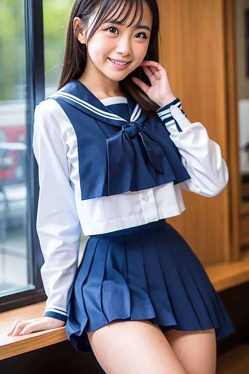 ((highest quality、8k、masterpiece:1.3)),((((fullbody shot)))),Ultra-high resolution,big eyes,Japanese,bangs,(a girl),(1 girl),((20 years old)),((facing at viewer)),(long hair),(((black sailor uniform))),grin,((standing)),((skirt lift))