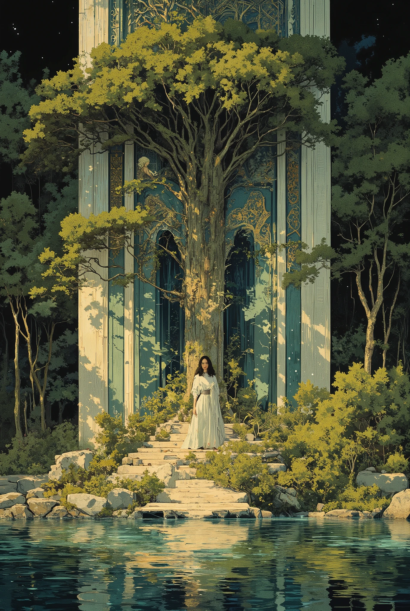 Summer tree design using art deco musha, plants, 1girl、Daytime, lake
