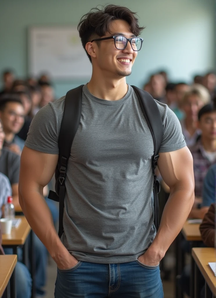 1 man, smile, full body, (Wearing a sexy bikini underwear), standing, lifted arms, Korean people , korean men, (high glossy details), chest muscles, large arm muscles, blood vessel, big muscles, Broad shoulders, looking at the audience, Balancing the eyes, (Wear glasses), (Backpack), The background is a train station.