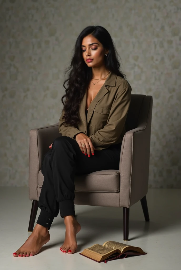 (Best quality, Ultra-detailed, Masterpiece:1.5), Photorealistic photograph of a beautiful pakistani woman laying on a sofa. The woman should have a flawless, highly detailed face (Highly Detailed Skin) with soft, luminous skin. Her long hair should be naturally brown and stylishly arranged. (Perfect Eyes:1.2). The photography should feature high-quality film grain (ISO 400, 30mm lens RAW f1.8 aperture. Shes wearing a modest black dress