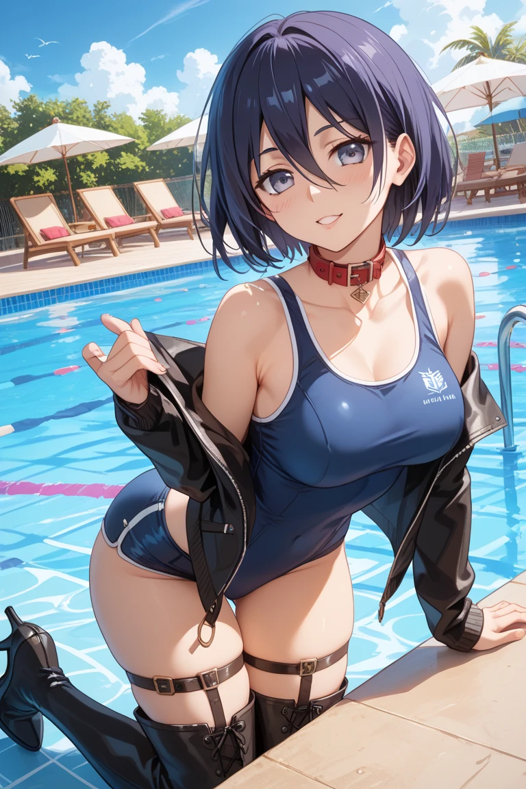 Masterpiece, top quality, best quality, official art, beautiful and aesthetic, anime, 1girl,extremely detailed, colorful, more detailed ((ultra-detailed)), (highly detailed CG illustration),Best Quality, High resolution, Unity 8k Wallpaper, (Illustration:0.8), (Beautiful detailed eyes:1.6), extra detailed face, Perfect Lighting, extremely details CG, (Perfect hands, Perfect Anatomy), swimming pool, black short hair, blue eyes,earrings,skinny fit,small breasts,wet, tight blue swimsuit, back view, bend over,in middle, soft light.