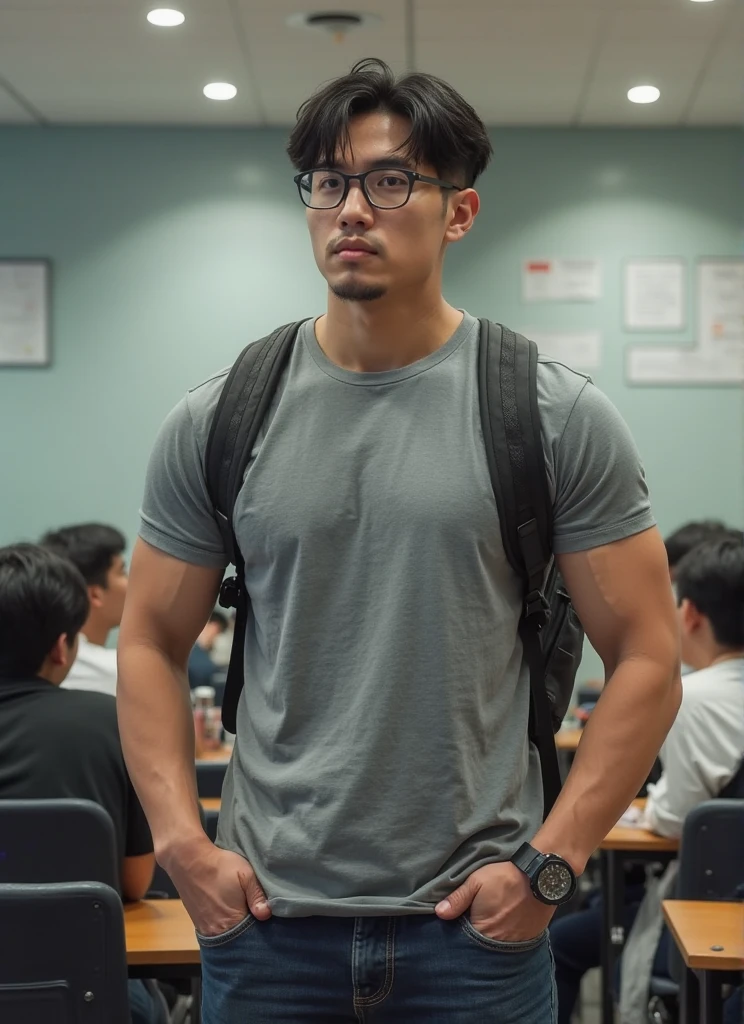 best quality, masterpiece, extremely detailed, masculine, 25 year old muscular bodybuilder filipino man, wearing glasses, innocent round face with soft features, (muscular bodybuilder), very cheeky smile, fitted clothes, quartz crystal pendant, leaning against bookshelf, reaching out one hand towards camera, in library, afterhours, lights out, at night, cinematic shadows, dreamy atmosphere, perfect face, perfect hands, perfection