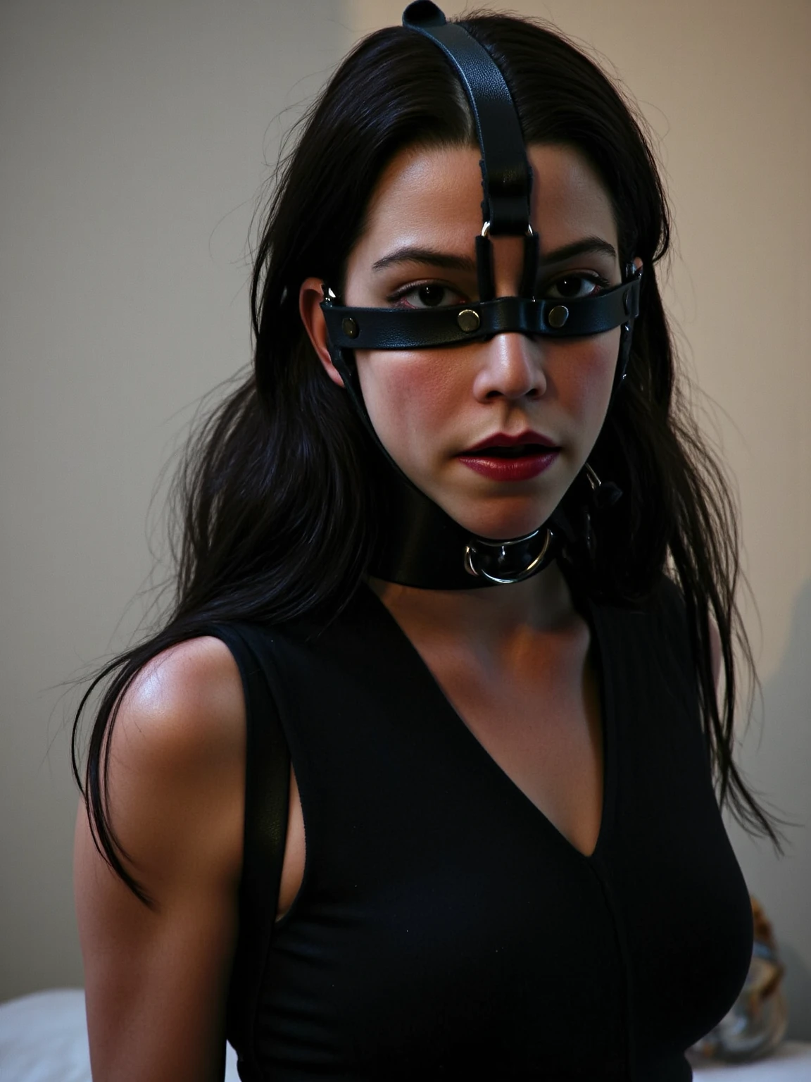 A heavy tanned dark skinned brown skinned girl with a blindfold and a plug gag