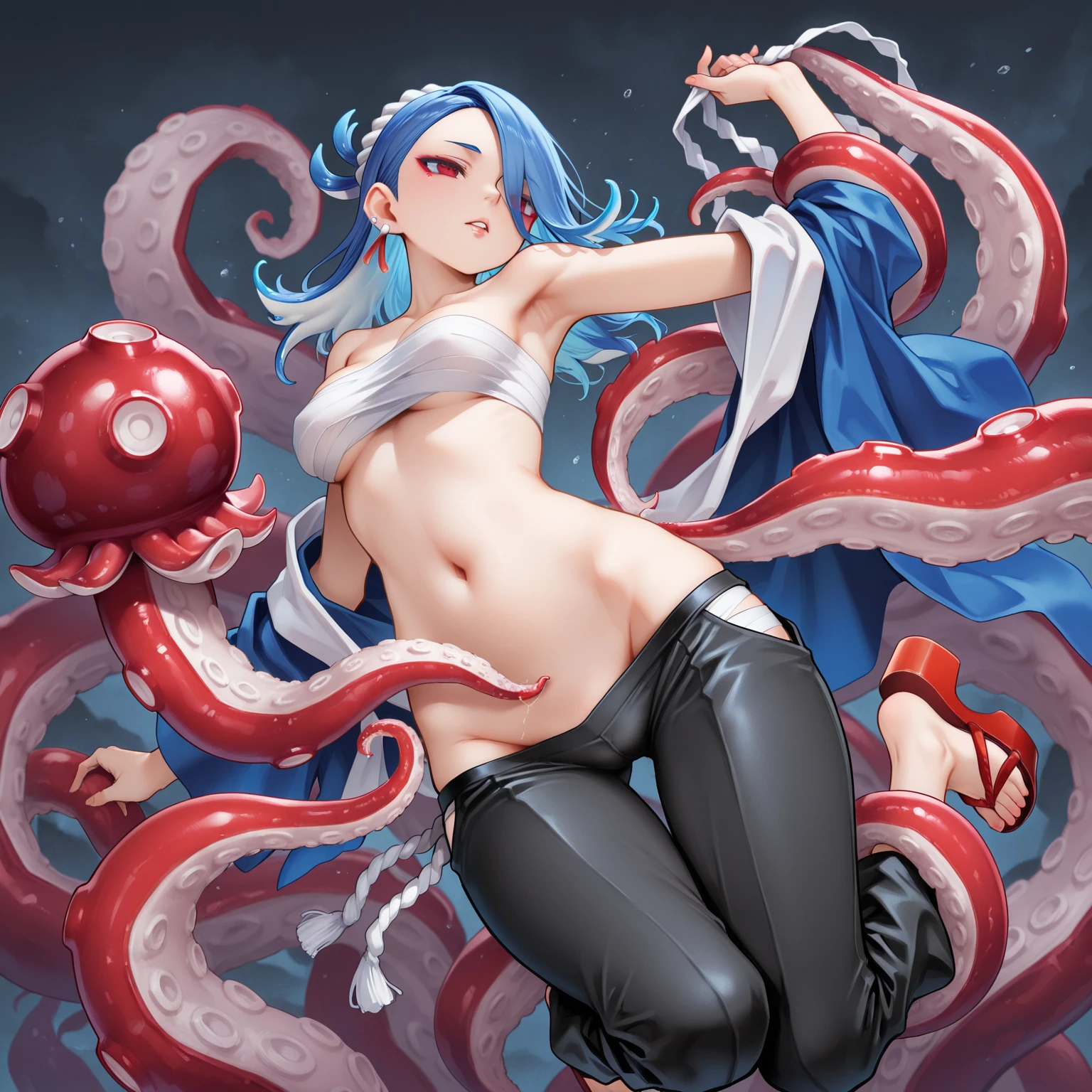 masterpiece,Highest quality, Unreal Engine, Super Resolution, Very detailed,
1 Girl, Waist, thin, (Muscular:0.8)
Round Breasts, Big Breasts, Bold, Part your lips, Observe the audience,
Are standing, sexy pose
Waist shot,Tentacles entangled in chest,Spread your legs,
Simple background anime style, Key Visual,
Light blue hair, Red eyes, Long-haired monk \(dq3\)
,,Tabard Elbow Gloves((Spread your legs上げる:1.3))