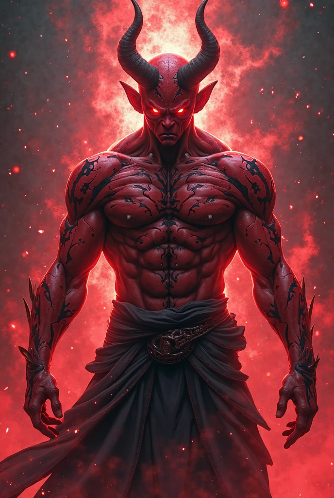 make a red demon man, with horn, bald guy with only black pants and a tail similar to a scorpion in RPG style

