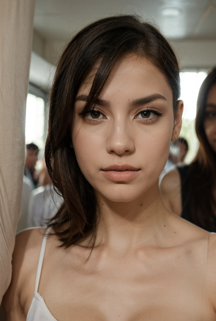 Gigi de lana, idol, phillipine girl, brown wavy hair, wearing a black japanese school unform, in the stage, close up, looking at camera, cinematic, sharp lense, professional photographie, 70mm lense, soft light, cleavage