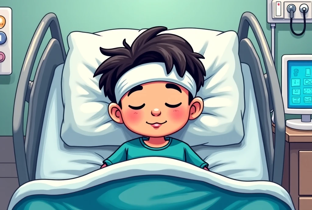 Cartoon of a teenage boy with a cast on his knee looking sad in the hospital