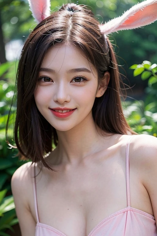 Highest quality、8K、No makeup、masterpiece、Clear photos、Ultra-high resolution、Realistic、Professional Lighting、Natural light、smile、Ultra slim、Delicate body、very cute、 cute!、Idol、White skin、(Medium breast:1.8)、Wearing a pale pink blouse:1.8、Lean forward:1.6、Her cleavage is visible:1.8、Detailed face、Clear photos、Outdoors、Grass Square、Embarrassed expression、Lifelike skin texture、Beautiful woman