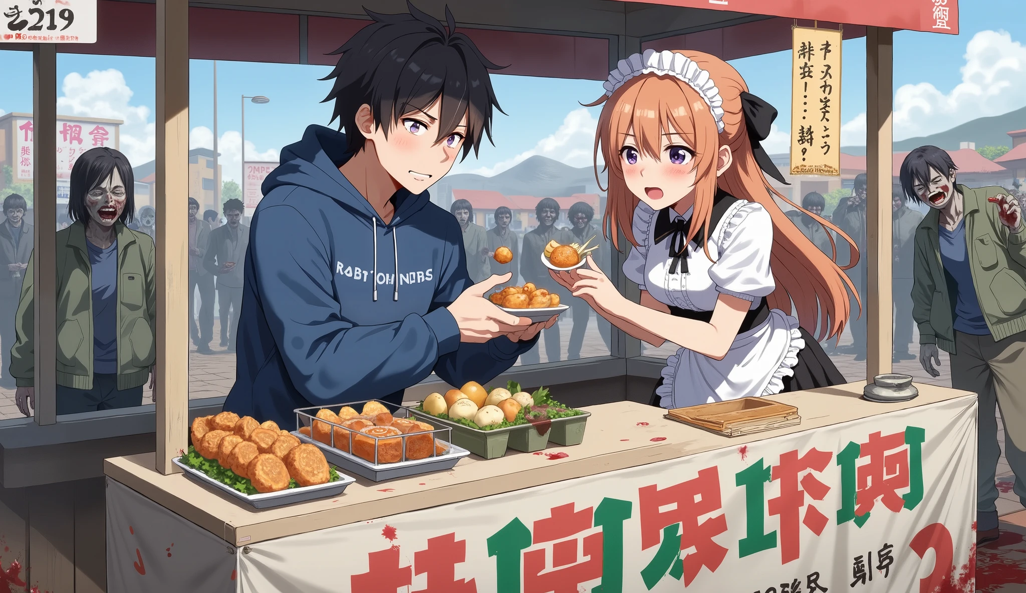 Anime-style scene set in a terrifying zombie apocalypse — a cute anime maid girl fearlessly feeding a piece of food to a shocked young man in a blue hoodie — they are standing behind a makeshift food stand filled with colorful Japanese street food (takoyaki, skewers, bento boxes) — surrounded by terrifying zombies closing in from all sides — blood splattered on the ground and signs — abandoned and broken-down market stalls in the background — tension in the air, horror atmosphere, contrast between cheerful maid and horrific setting — ultra-detailed anime art, cinematic lighting, dramatic shadows, post-apocalyptic mood