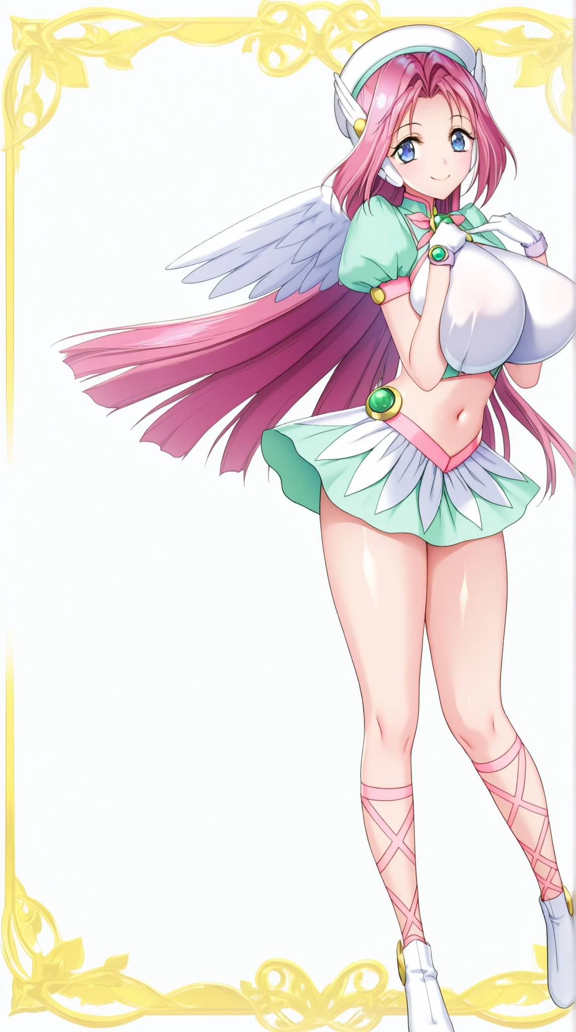<lora:Mei Tata:0.7> Mei Tata, 1girl, solo, long hair, pink hair, breasts, antenna hair, full body, smile, bow, open mouth, pink eyes, heart, navel, arm up, large breasts, dress, clothing cutout, skirt, very long hair, wings, twintails, shoes, looking at viewer, cleavage, bare legs, :d, low-tied long hair, smirk, ((Shonen Style)), (detailed background, intricate background:1.1), beautiful ((Extremely Detailed)), ((Best Quality)), ((Masterpiece)), ((4k))